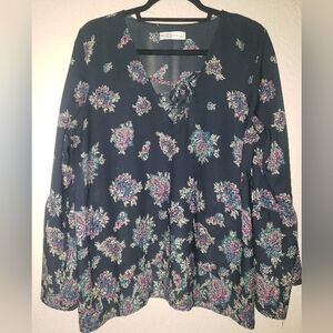 Abercrombie & Fitch Floral Flared Long Sleeve Lace Up V-neck Peasant Top